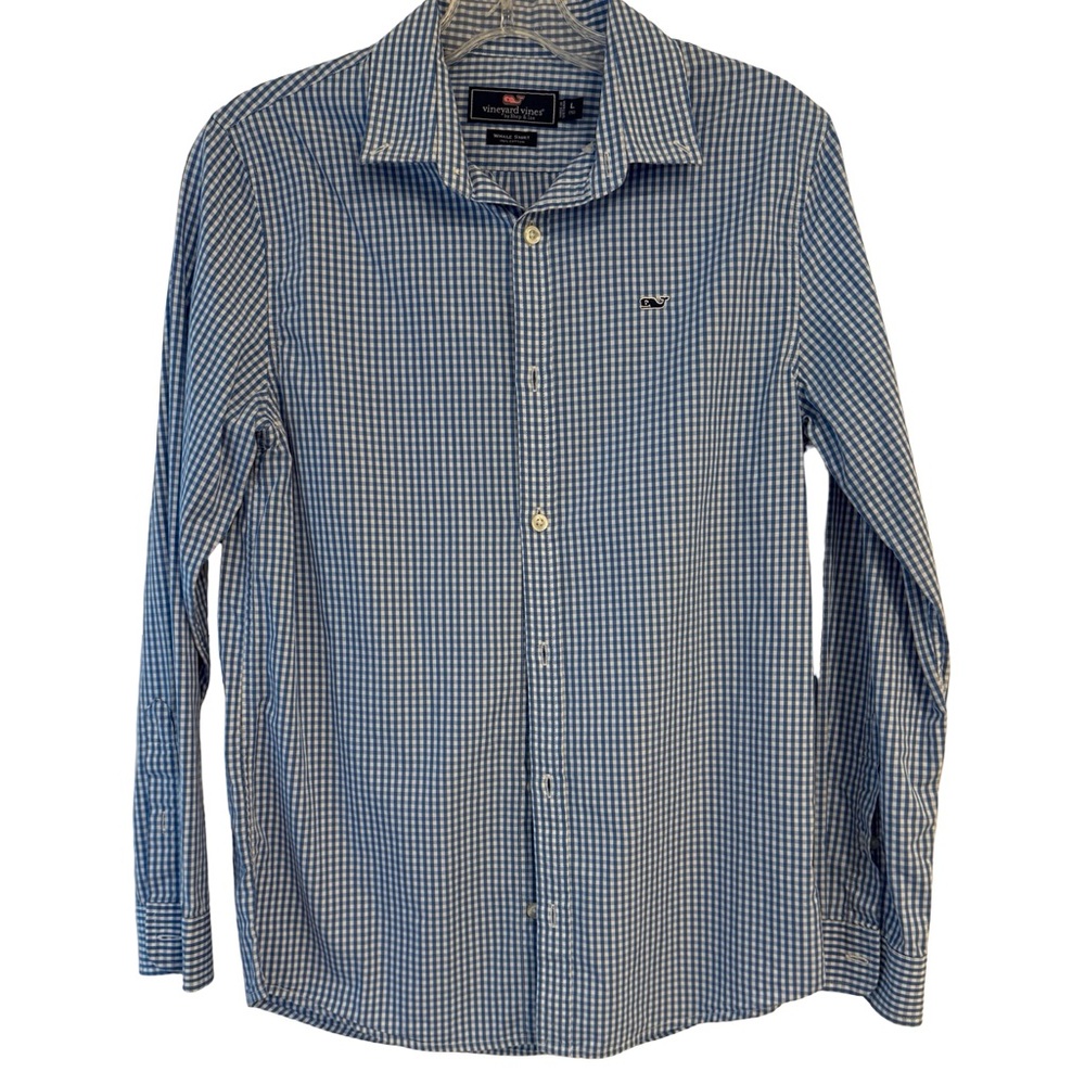 Vineyard Vines Boys Whale Shirt Size 16 Large Blue White Gingham Button Down
